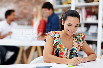 Buy stock photo Writing, happy and portrait of businesswoman in office with research for creative project. Smile, journal and female magazine editor with schedule for publishing of article at startup agency.