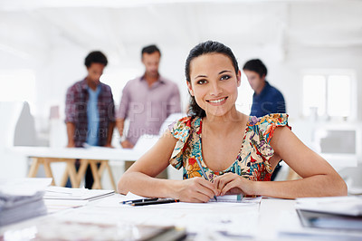 Buy stock photo Creative, portrait and happy woman with paperwork in office, coworking or design career development. Confident, interior designer and person with pencil, sketch and structural blueprint in business