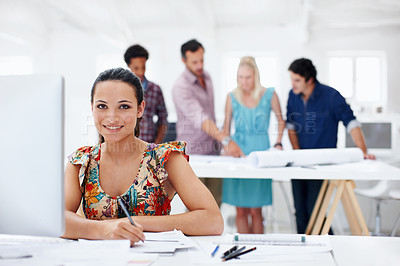 Buy stock photo Portrait, sketch and happy woman with computer in business, coworking and design career development. Creative, interior designer and person with pencil, online and structural blueprint in office
