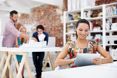 Buy stock photo Creative, research and happy woman with tablet in business, online and editing design project on web. Graphic designer, scroll and person with tech, coworking and brand identity assignment in office