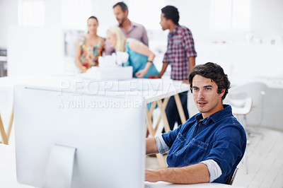 Buy stock photo Computer, reading and businessman in office with research for creative project with publishing. People, technology and male magazine editor with email for feedback on article at startup agency.