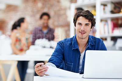 Buy stock photo Architecture, portrait and man in office with documents, blueprint and laptop for building review. Paperwork, happy and person on computer for property permit, planning and compliance report at desk