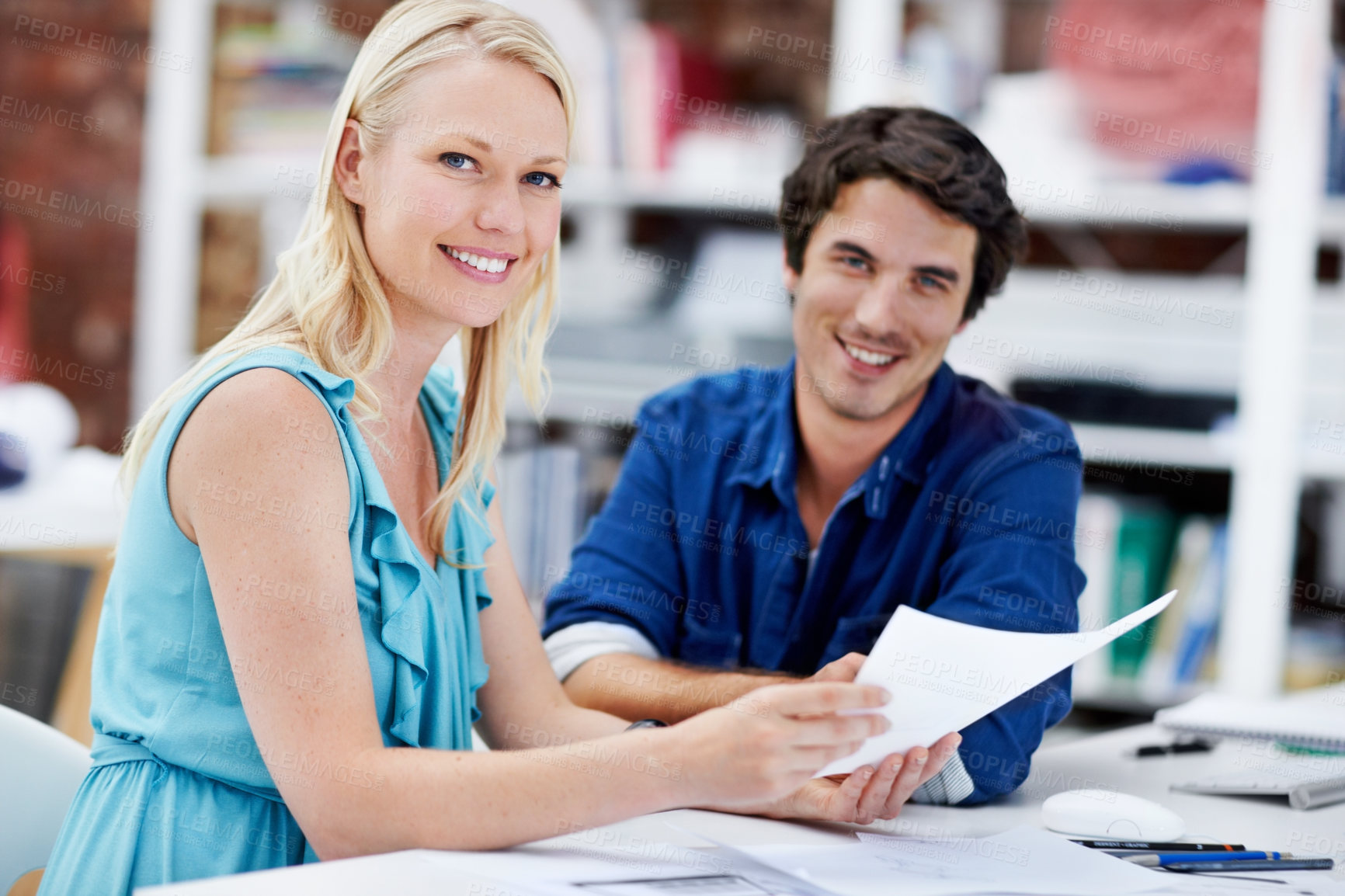 Buy stock photo Creative, portrait and business people with documents for meeting, strategy and planning at design agency. Happy, advertising and workers with paperwork for project, feedback and about us in office