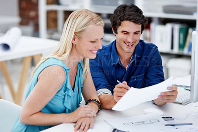 Buy stock photo Creative, happy and business people with documents for meeting, strategy and planning at design agency. Startup, advertising and workers with paperwork for project, feedback and advice in workplace