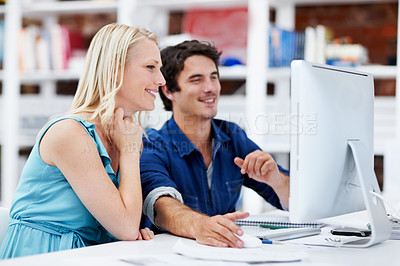 Buy stock photo Creative, computer and business people for meeting, planning and feedback for online project. Team, happy and workers on pc for research, advice and website design for advertising agency in office