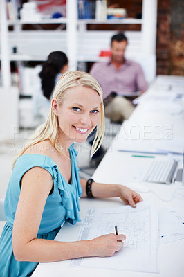 Buy stock photo Creative, portrait and happy woman with floor plan in business, drawing or design career development. Interior designer, coworking and person with pencil, sketch and structural blueprint in office