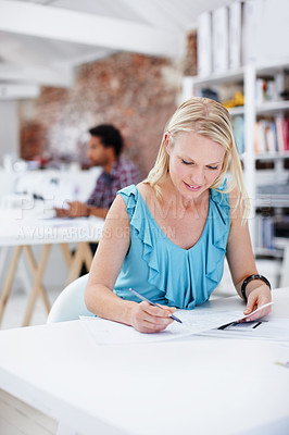 Buy stock photo Blueprint, creative and business woman in office for planning, design and building project. Architecture, happy and person with paperwork, floorplan and property layout for remodeling or construction