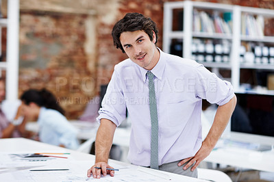 Buy stock photo Creative, portrait and happy man with blueprint in office, sketch or pride for design career growth. Confident, interior designer and person with pencil, drawing and structural floor plan in business
