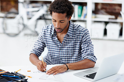 Buy stock photo Architect, man and drawing with ruler in office for drafting design, accurate scaling or planning. Architecture, black person or tech with sketching for spatial layout, building elevations or project