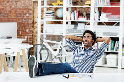 Buy stock photo Architect, portrait and happy man with break in office for project completion or finished tasks. Male person, relax or civil engineer stretching with smile for done job, productivity or free time