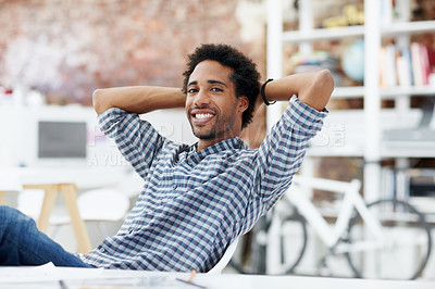 Buy stock photo Creative, portrait and happy man in office, stretching or confident after complete design assignment. Business, graphic designer and black person with smile, relax and pride for finished project