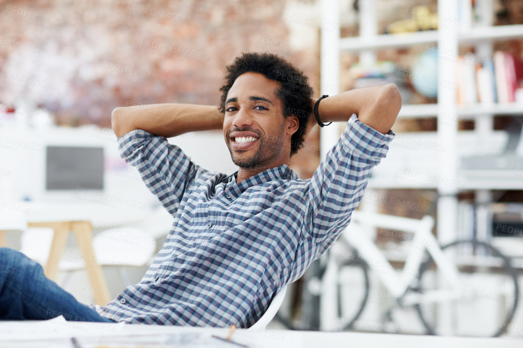 Buy stock photo Creative, portrait and happy man in office, stretching or confident after complete design assignment. Business, graphic designer and black person with smile, relax and pride for finished project