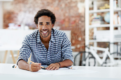 Buy stock photo Portrait, business and man in office with document, proofreading and draft update of manuscript. Smile, male person and editor in workplace with paperwork, copywriting information and story feature