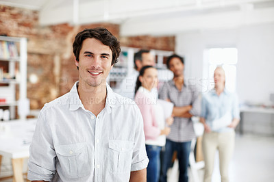Buy stock photo Creative, man and happy with portrait in office for editorial expertise, career pride or about us. Staff, editor or smile at media agency for news reporting, publishing industry or editing confidence