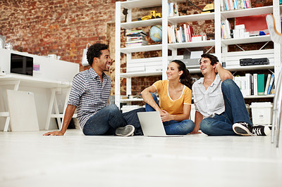 Buy stock photo Office, happy and people on floor with laptop for conversation, friendly chat and discussion. Team, creative agency and workers with computer for talking, break and speaking at design startup