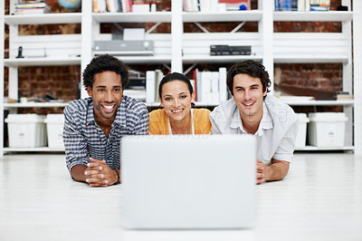 Buy stock photo Laptop, happy and portrait of business people in office with teamwork on creative project. Smile, technology and magazine editors with computer for research on article for publishing at agency.