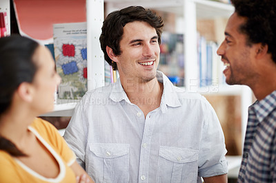 Buy stock photo Business people, smile and creative feedback with meeting for update, report or explanation. Team, proposal and process chat for employee, partnership or discussion on interior designer project