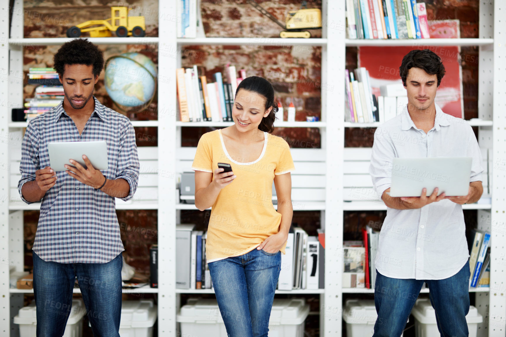 Buy stock photo Agency, people and smile in office with tech, pride and creative collaboration for digital marketing. Article, employee group and copywriter in workplace with teamwork, online advertising or about us