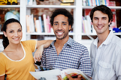 Buy stock photo Creative, portrait or team in office with magazine, proofreading or printing check in media agency. Happy, people or copy editor with collaboration, manuscript insight or layout review in publication