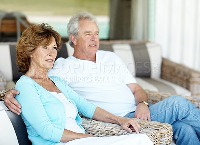 Buy stock photo Smile, relax and senior couple in backyard with bonding, connection or commitment in relationship. Happy, marriage and elderly man with woman outdoor at home for love, care and retirement together.
