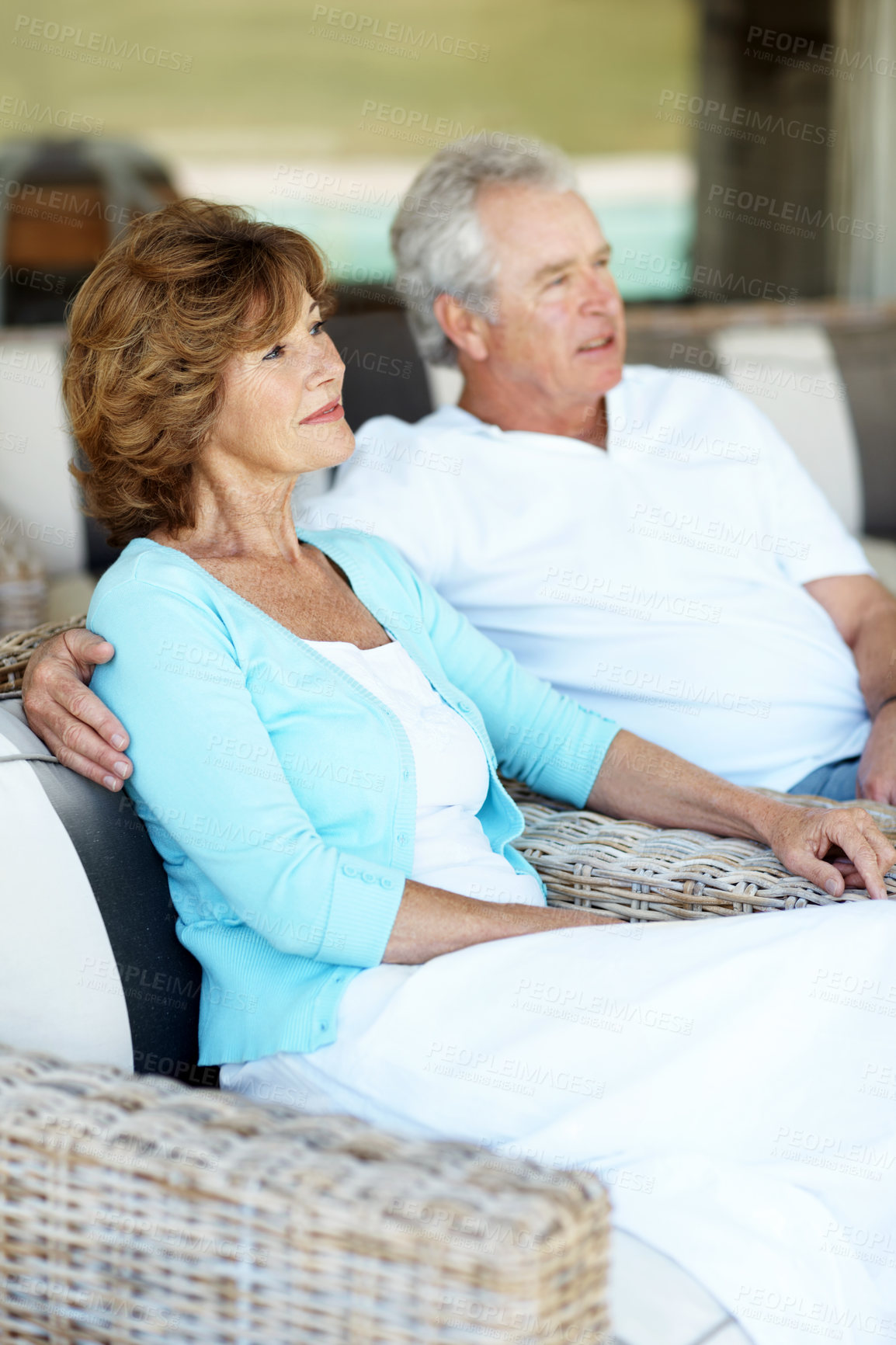 Buy stock photo Happy, relax and senior couple in backyard with bonding, connection and commitment in relationship. Smile, marriage and elderly man with woman outdoor at home for love, care and retirement together.