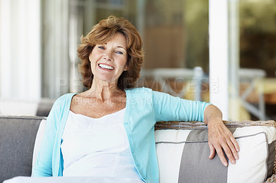 Buy stock photo Wellness, happy and old woman in backyard with portrait, positive attitude and optimism in retirement. Wellbeing, comfort and elderly person with good mood, confidence and satisfaction at home.