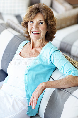 Buy stock photo Retirement, happy and woman in backyard with portrait, positive attitude and cosy optimism at house. Wellbeing, comfort and senior person with good mood, confidence and satisfaction at home.