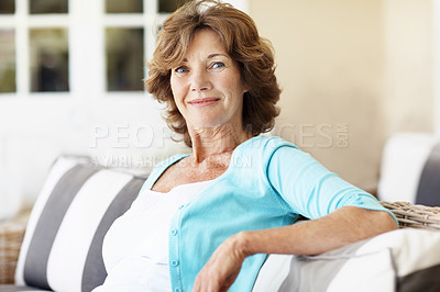 Buy stock photo Retirement, happy and old woman in backyard with portrait, positive attitude and cosy optimism at house. Wellbeing, comfort and senior person with good mood, confidence and satisfaction at home.