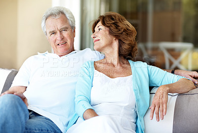 Buy stock photo Love, smile or old couple in backyard with support, healthy relationship or bonding on weekend break. Trust, portrait or senior people at house with care, connection or romantic moment in retirement.