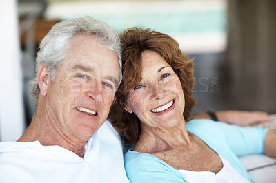 Buy stock photo Love, happy or old couple on sofa with portrait, healthy relationship or bonding on weekend break. Smile, trust or elderly people in home with support, connection or romantic moment in retirement.