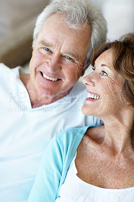 Buy stock photo Senior man, happy and couple hug in house for love, care and relax for retirement in home. Old woman, elderly person and portrait with trust for embrace, support and commitment or loyalty in marriage