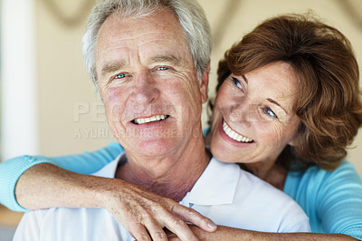 Buy stock photo Hug, portrait and senior couple in home for bonding, commitment and loyalty for marriage. Retirement, happy and man with woman embrace for affection, love and connection for relationship support