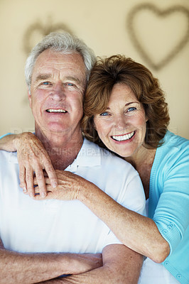 Buy stock photo Happy, senior and portrait of couple embrace for bonding, commitment and loyalty for marriage. Retirement, smile and man with woman hug for affection, love and connection for relationship in home