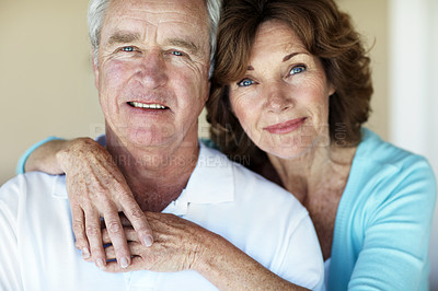 Buy stock photo Hug, smile and portrait of senior couple in backyard for bonding, love and connection in marriage. Happy, relax and elderly man embracing woman in retirement with trust, safety and care at home.