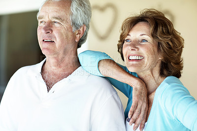 Buy stock photo View, thinking and senior couple in home, reflection or remember with love and marriage. Thoughtful, memory and old people with partner, smile and contemplating retirement and relationship at house