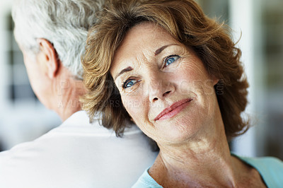 Buy stock photo Senior, woman and couple with thinking in home, reflection or remember with love and marriage. Thoughtful, memory and old person with partner, smile and contemplating retirement and relationship