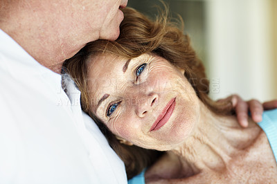 Buy stock photo Senior woman, support and couple hug in house for love, care and relax for retirement in home. Old man, elderly person and portrait with trust for happy, embrace and commitment or loyalty in marriage
