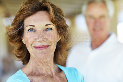 Buy stock photo Couple, smile and portrait of senior woman in home for marriage, relationship and partnership. Happy, house and people in retirement for connection, support and love for bonding, trust and loyalty