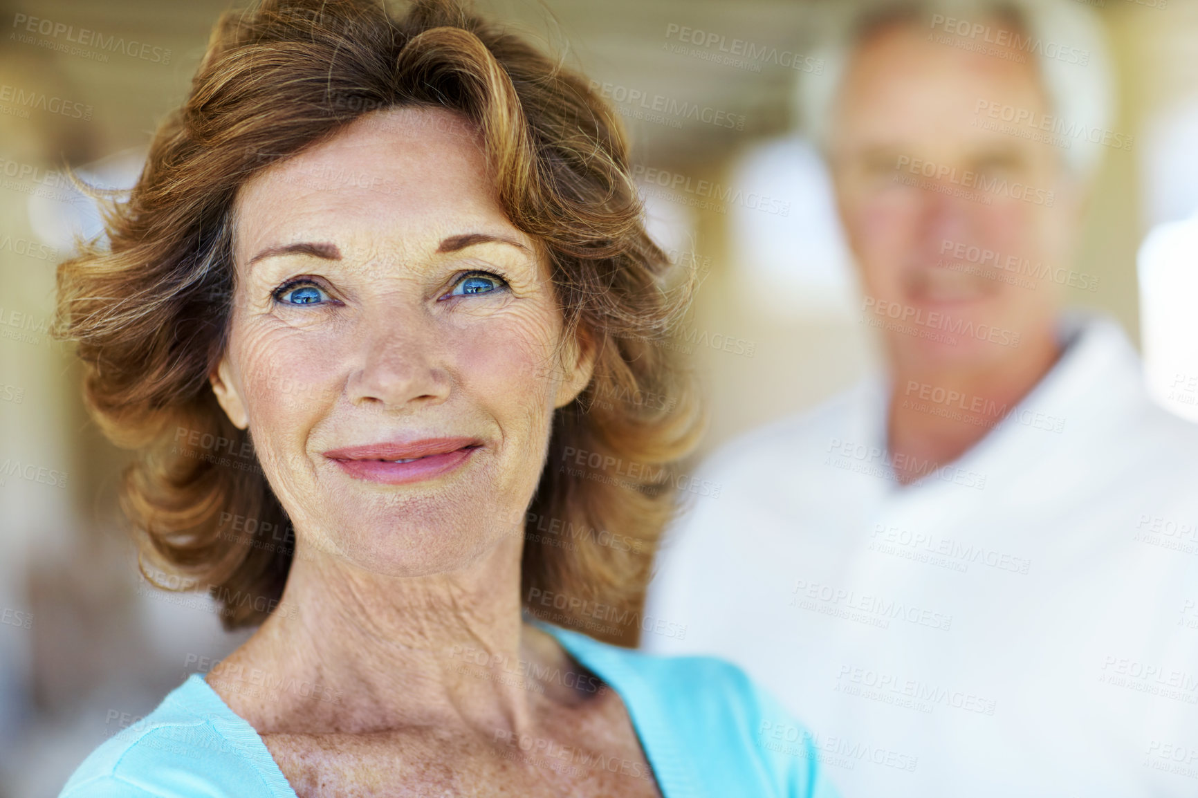 Buy stock photo Couple, smile and portrait of senior woman in home for marriage, relationship and partnership. Happy, house and people in retirement for connection, support and love for bonding, trust and loyalty