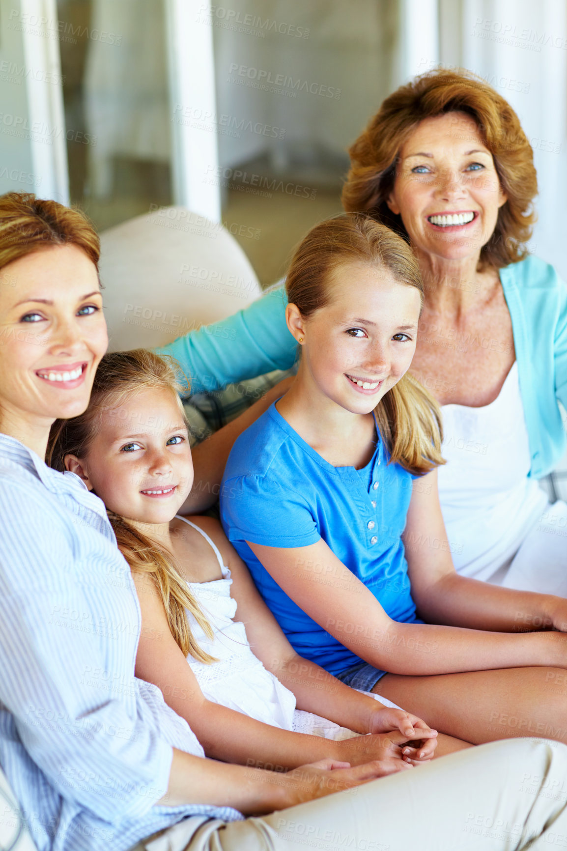 Buy stock photo Portrait, family and kids in home with smile, generations bonding together and connection on weekend. Happy, grandma and mother relax on sofa with girl children, trust and support for wellness.