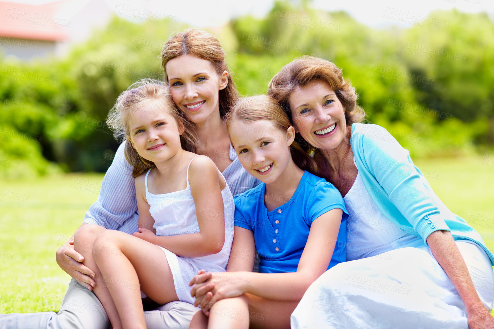 Buy stock photo Grandmother, mother and children with love at backyard, relax and happiness on weekend break. Generations, sisters and mom with grandparent, kids and care with family portrait on garden grass