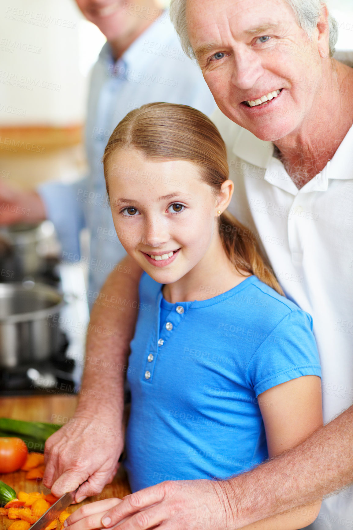 Buy stock photo Cooking, love and portrait of child and grandfather in kitchen for learning, lunch and food. Cutting, vegetables and teaching with old man and granddaughter in family home for wellness and support