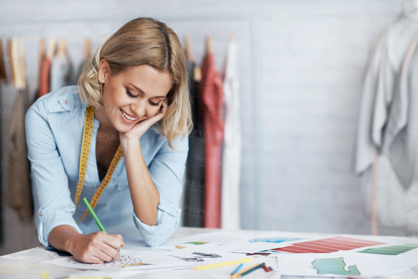 Buy stock photo Happy, drawing and woman in boutique for fashion designer career, style and tailor shop. Smile, workshop and person with designs for small business, textile industry and clothing brand with space