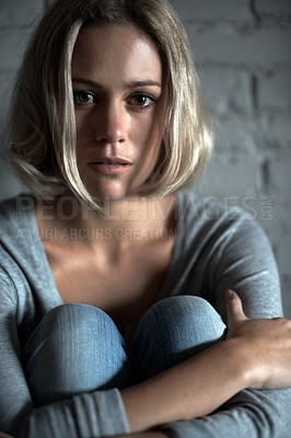 Buy stock photo Portrait of a pretty blonde woman looking depressed