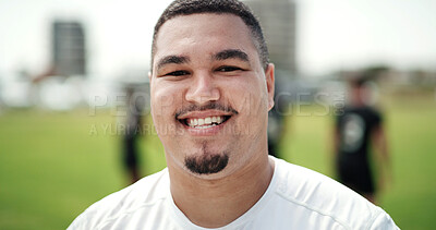 Buy stock photo Smile, rugby and man at pitch for game training, sports and confidence at practice for wellness. Portrait, proud player and happy person on field, professional athlete and exercise outdoor for match
