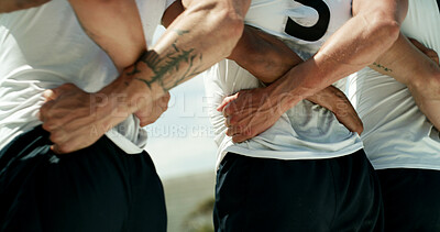 Buy stock photo Rugby team, back and men with hands for support, collaboration or cooperation and training match. Sports, group and together with huddle for solidarity, community and trust for game or competition