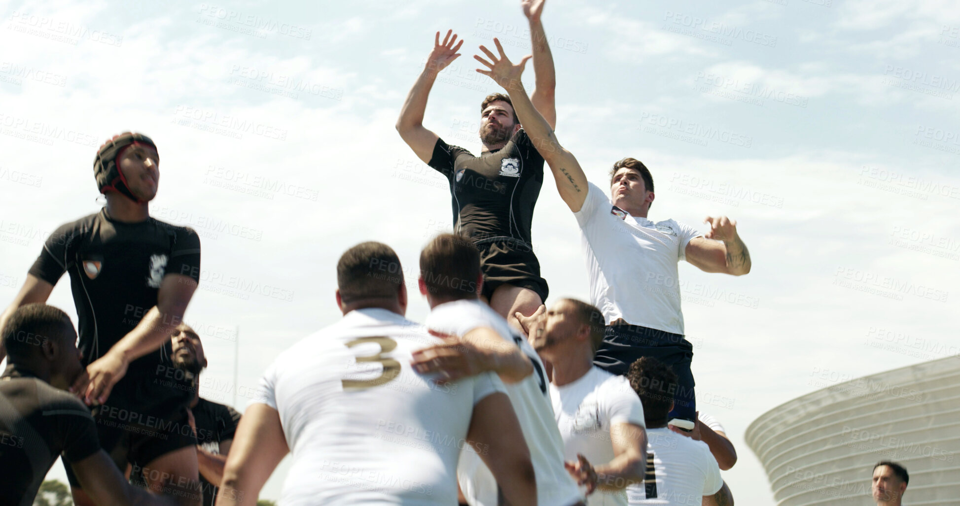 Buy stock photo Outdoor, lifting and people with rugby match, defense training or collaboration for competition game. Tournament, fitness and players with teamwork for line out, sports practice or active for contest