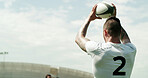 Ball, line out and rugby with man outdoor for competition, game or match as sport player. Fitness, space and throwing with person at event or venue for action, restart or tournament as team hooker