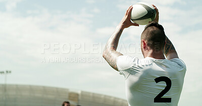 Buy stock photo Ball, line out and rugby with man outdoor for competition, game or match as sport player. Fitness, space and throwing with person at event or venue for action, restart or tournament as team hooker