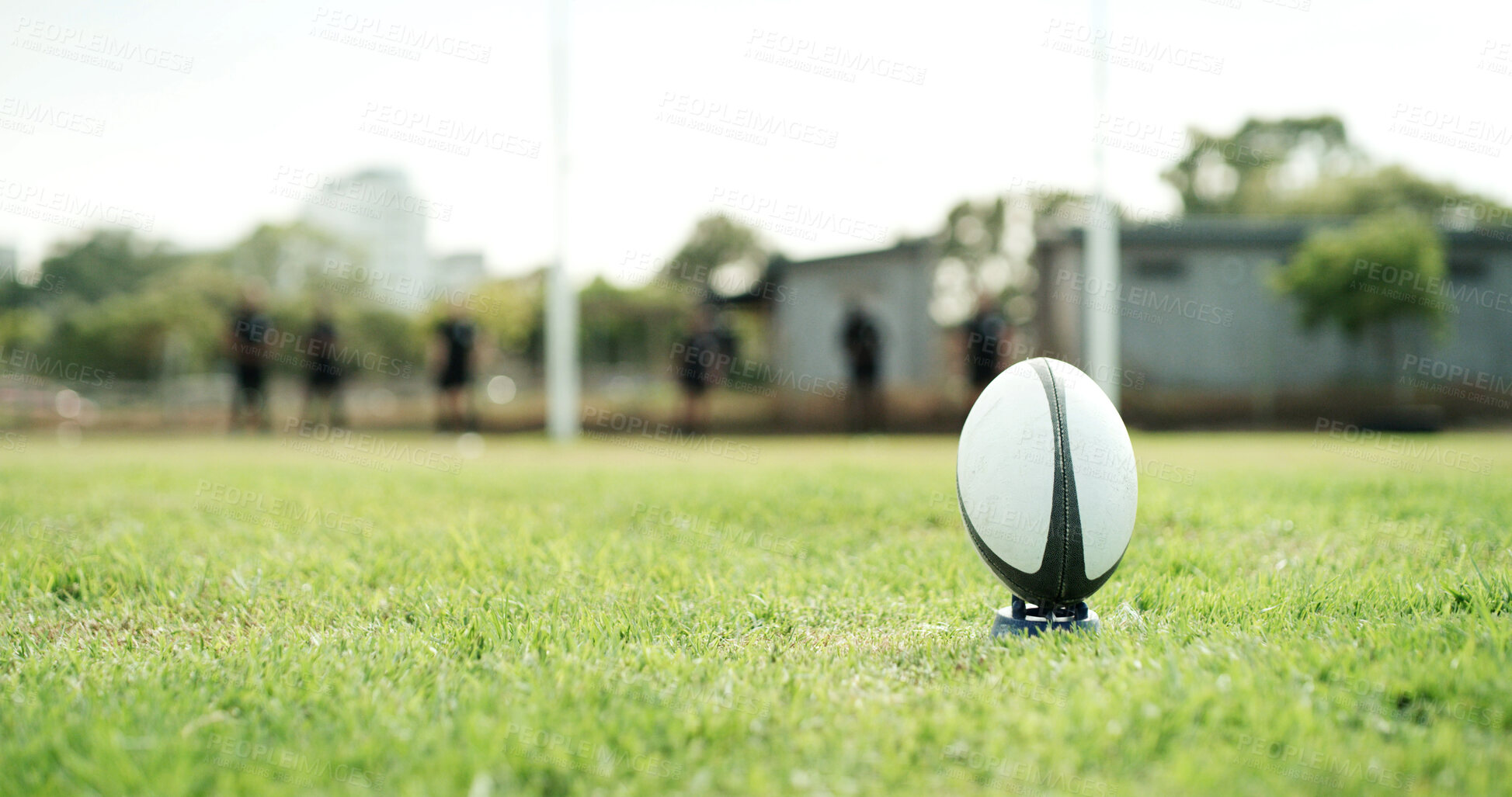 Buy stock photo Rugby, space and sports with ball on grass field for aim, conversion or point scoring opportunity. Balance, points and tee with equipment outdoor on pitch for target of competition, game or match